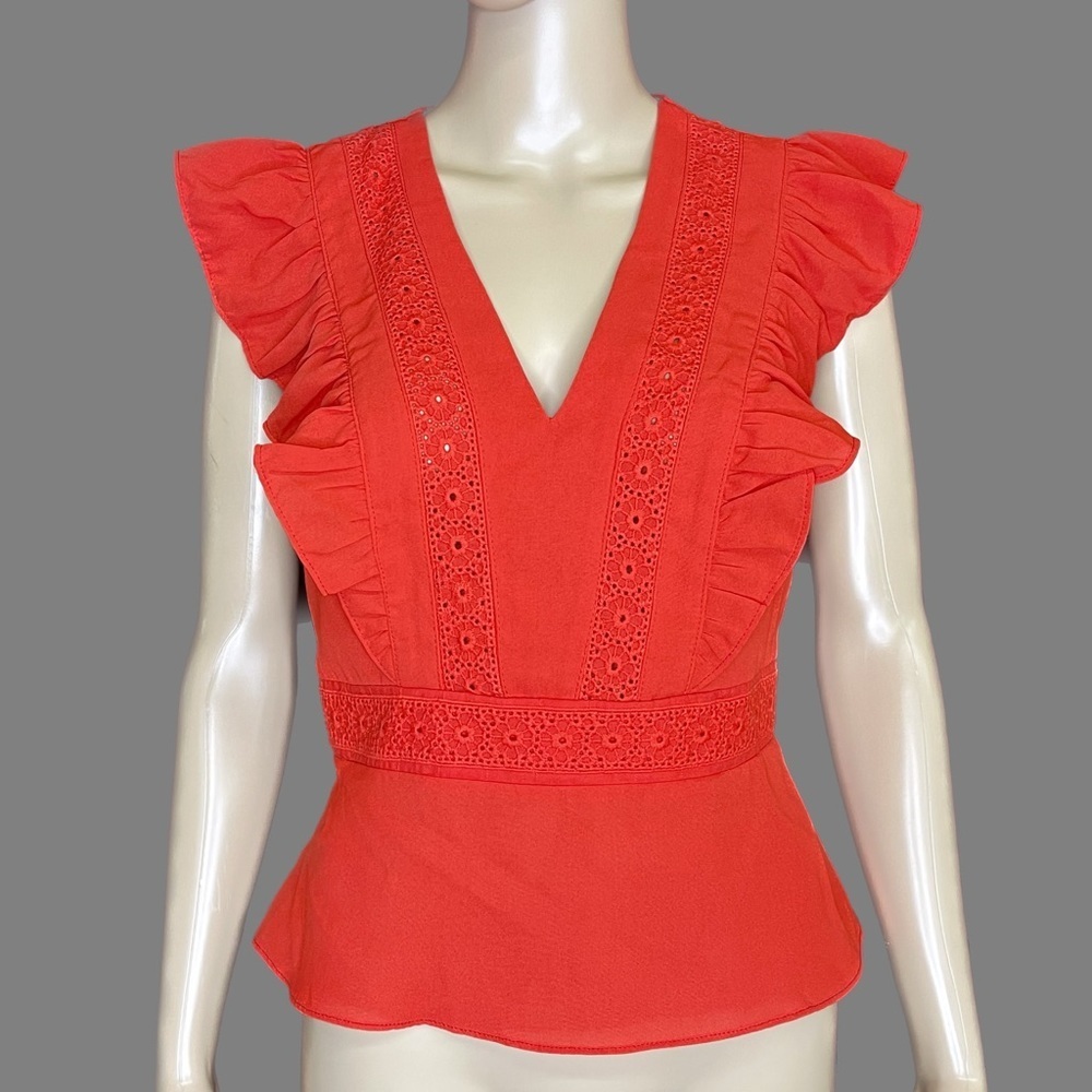 Evereve Lulumari Crochet Tie Waist Flutter Sleeve Red Blouse Size Small